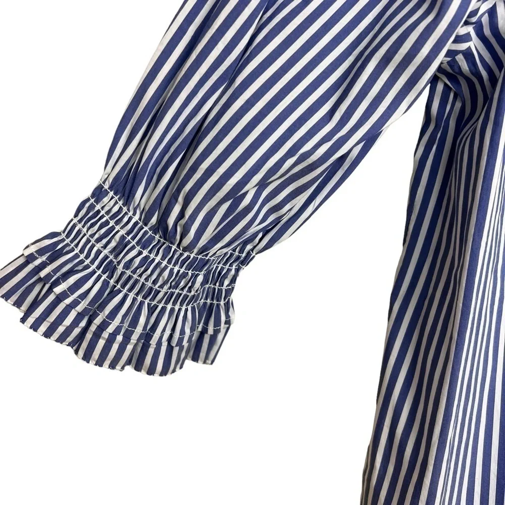 Tanya Taylor Pilar Striped Ruffle-Trim Blouse size 8 Blue White Cotton Blend - Picture 9 of 14